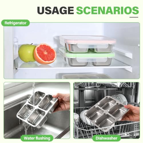 Monoan 24 oz Stainless Steel Snack Containers 4-Pack - 4-Compartment Bento Lunch Boxes - Variation of 4