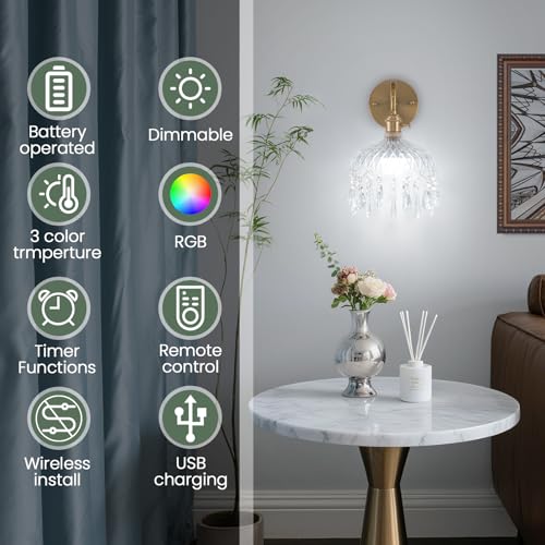 Crystal-2pack Vintage Wireless Wall Sconces with Remote, Rechargeable Battery, Antique Brass Finish, 9.05in - Set of Two