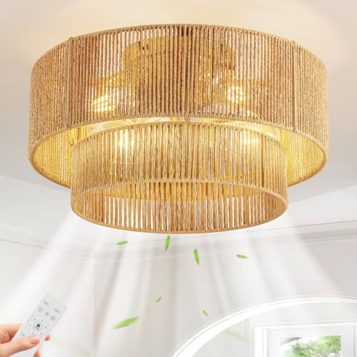 Ahtytjh Gold Boho Caged Ceiling Fan with Light Flush Mount & Handwoven Rattan