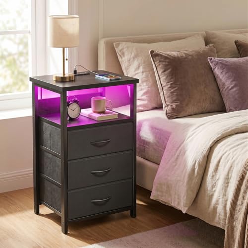 Fixwal Night Stand with 3 Drawers & Charging Station - Black, RGB LED Light, Size: 15.7"D x 11.8"W x 26.9"H