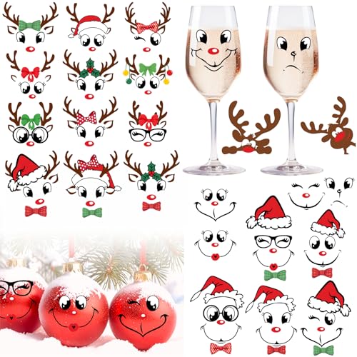 Christmas Face Stickers for Crafts Ornaments Decals Christmas Gift Stickers Decorations Reindeer Vinyl Face Eye Decals for Glass Cup Water Bottle Fridge Window Wall Xmas Holiday Party Supplies