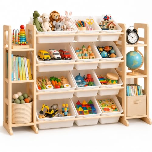 White Toy Storage Organizer & Bookshelf with 12 Bins - Kids Playroom Storage
