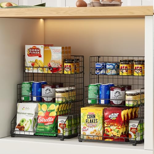 Black 3-Tier Snack Organizer Rack Bins with Adjustable Tilting for Pantry & Kitchen Storage