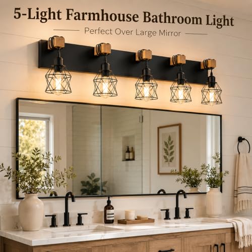 Vivihobb Farmhouse Bathroom Light Fixtures 5-Light Black Wood Vanity Over Mirror