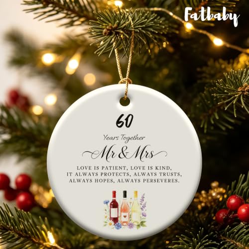 Fatbaby 60th Anniversary Christmas Ornament for Couples - 60 Years Together Gift, Ceramic, 2.9" with Box & Ribbon