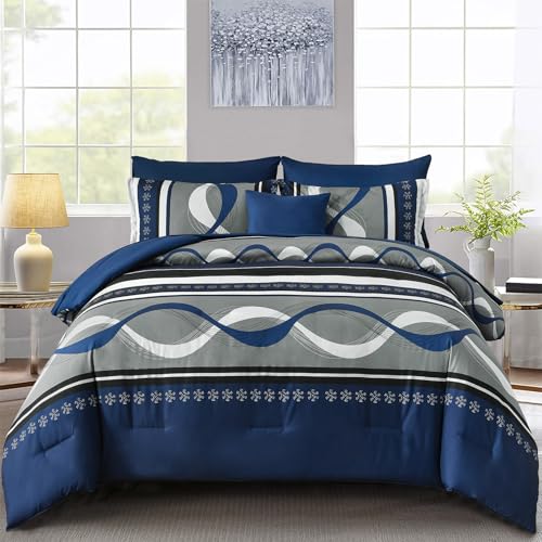 King Size Comforter Set Navy Blue Boho Bed in a Bag - Patchwork Design