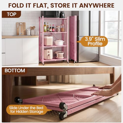 Pink 4-Tier Folding Metal Storage Shelf with Wheels - No Assembly