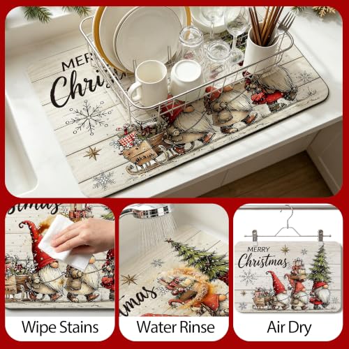 Absorbent Gnome Christmas Dish Drying Mat – Cuttable Countertop Drainer, 15.7x23.6 in, with Non-Slip Backing (Gnome Variant)