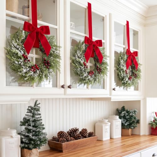 6 Pack 15-Inch Mini Christmas Wreaths for Kitchen Cabinets with Red Bows