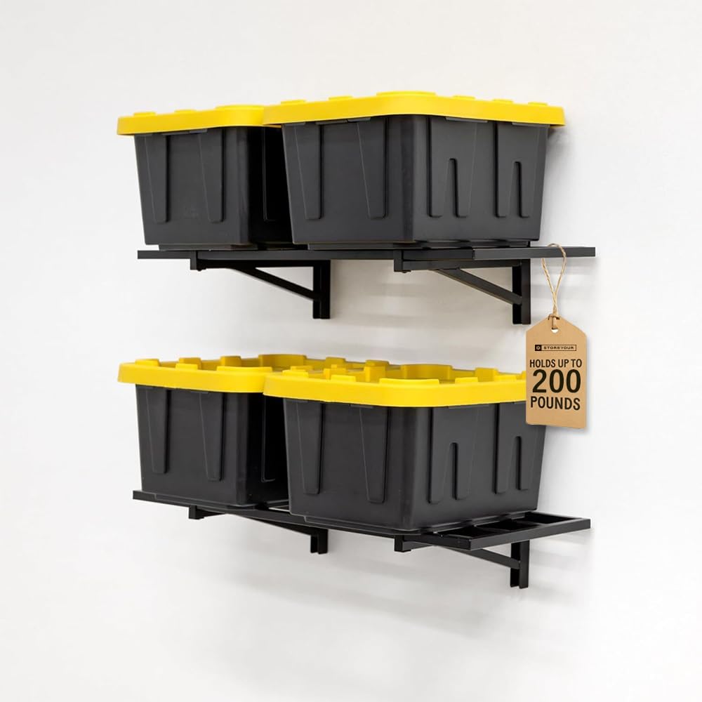 StoreYourBoard Garage Shelving Wall Mounted | 1x2 Heavy Duty Wall Mounted Shelves 2-Pack, 12.5” Wide x 27.25” Long x 6” High | Steel Wall Shelf Garage Storage, 100 lb Each/200 lb Total Capacity, Black