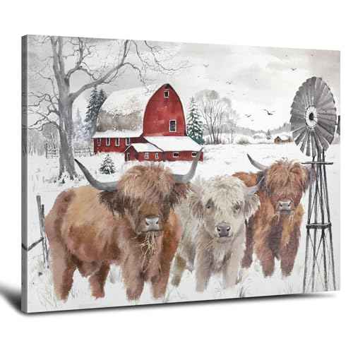 Highland Cow Pictures Christmas Decor: Merry Christmas Wall Art Cow Paintings Farmhouse Decor Rustic Barn Canvas Prints Winter Farm Scene Posters Xmas Holiday Indoor Wall Decorations 10"x12"