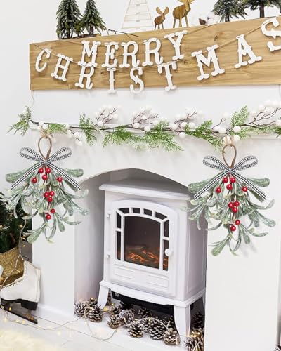 Artificial Mistletoe Décor for Doorways - 12in Glitter Leaves with Red Berries