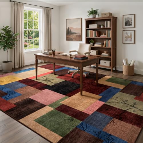 8' x 10' Colorful Geometric Area Rug - Non-Slip Modern Patchwork Carpet