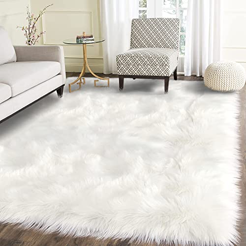 5' x 7' White Faux Sheepskin Rug - Washable Fluffy Area Rug for Living Room & Bedroom