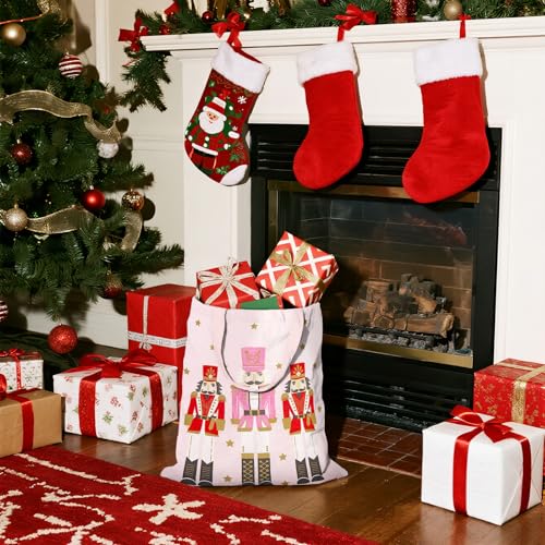 Loveinside Pink Nutcracker Christmas Canvas Tote Bag Reusable Holiday Shopping Bag
