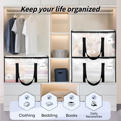8 Pack Extra Large Heavy Duty Moving Bags, Black Storage Bins with Lids, Reinforced Handles & Heavy-Duty Zippers Moving Boxes Storage Bags Totes for Clothes Packing, Dorms, College Supplies, Black