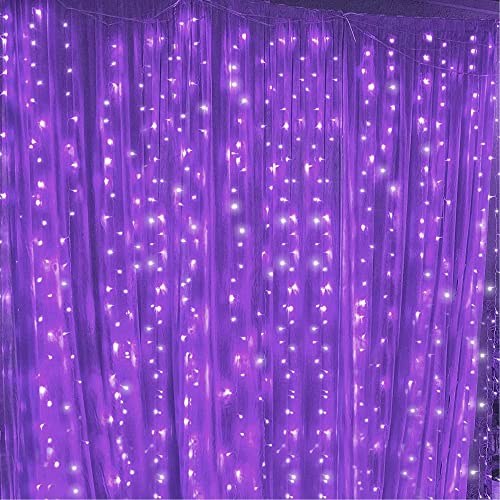 Dazzle Bright Curtain String Lights, 300 LED 9.8ft x 9.8ft 8 Lighting Modes Fairy Lights USB Powered, Waterproof Lights for Halloween Christmas Party Wedding Outdoor Indoor Wall Decorations (Purple)