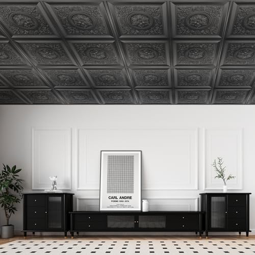 Black Drop Ceiling Tiles 24x24 Inches - Waterproof 3D Wall Art Pack of 24 - Vintage Style