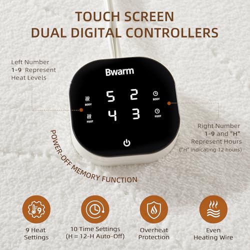 Bwarm White Queen Multi-Zone Sherpa Fleece Heated Mattress Pad with Dual Controls