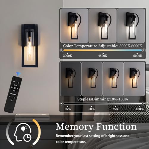 Black Battery Operated Wall Sconces Set of 2 - Modern Dimmable Wall Lights with Remote and 3 Color Temperatures