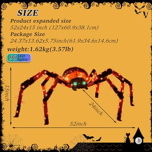 Giant Halloween Spider Light Up Decoration with 90 LED Lights - Zz-003 - Orange, 4.2Ft