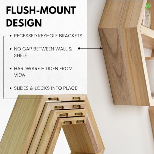 Natural Hexagon Floating Shelves Set of 4 - Honeycomb Wall Storage with Hardware