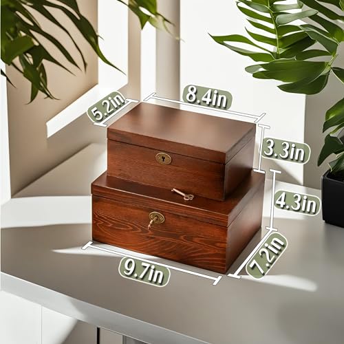 Vintage Wooden Keepsake Storage Boxes with Lockable Hinged Lids - 2 Pack