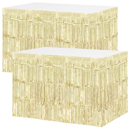 Timecity 2 Pack Champagne Foil Table Skirts 29.5x108 Inch Metallic Fringe Party Decor