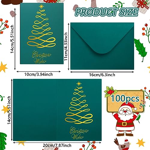 Dark Green Christmas Cards Bulk with Envelopes 100 Pcs 5.5 x 4" Gold Foil Greeting Cards