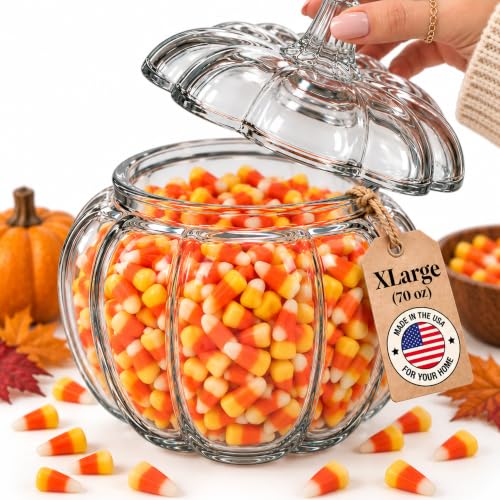Clear Glass Pumpkin Candy Jar with Lid - Large Fall Decor Storage Container