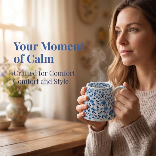 MOCERAKAI Blue Large Ceramic Flower Mug 13.5oz - Handmade Irregular Tea Coffee Cup for Women