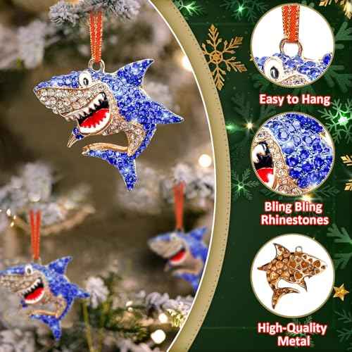 Shark Christmas Ornament Metal Shark Ornament for Christmas Tree Rhinestone Shark Christmas Ornament Hanging Shark Ornament for Home Christmas Party Gifts for Girls Woman Ocean Animal Lover