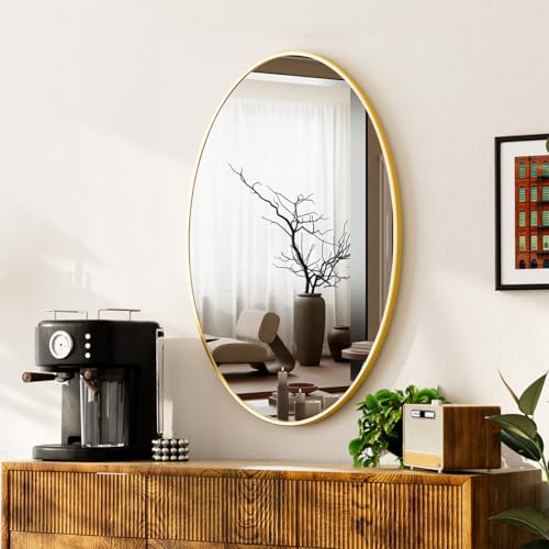 VooBang Gold Oval Bathroom Mirror, 24 x 32 inch Modern Oval Wall Mounted Vanity Mirror with Tempered Glass Hanging Horizontally or Vertically, Gold