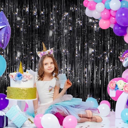 2 Pack Black Metallic Tinsel Foil Fringe Curtains, Door Streamers Photo Booth Backdrop for Birthday Party, Tinsel Curtain Backdrop for Baby Shower Bachelorette Christmas Party Decorations
