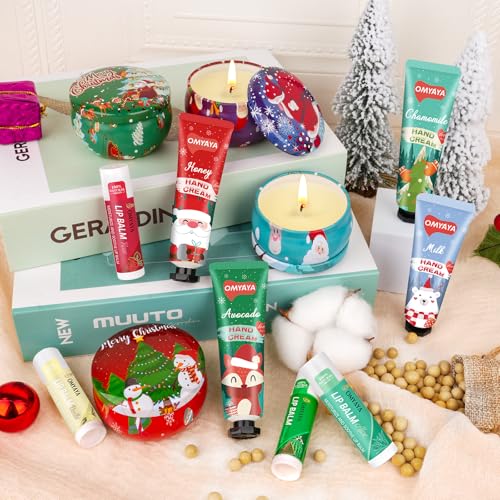 Christmas Scented Candle Gift Set with Mini Hand Cream & Lip Balm – 4 Premium Scents