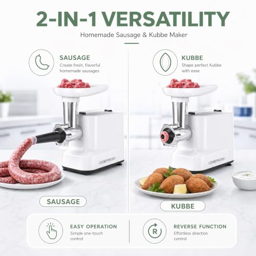CHEFFANO White 300W Electric Meat Grinder 2500W Max with Sausage & Kubbe Kit