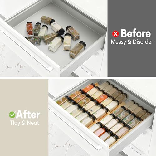 Natural Bamboo Spice Drawer Organizer - 4-Tier Expandable Kitchen Rack