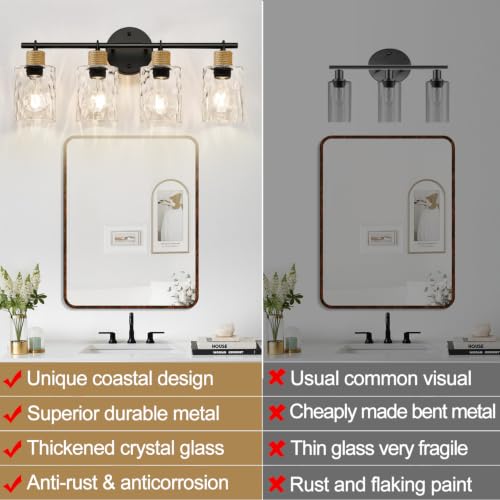 Matte Black Coastal 4-Light Vanity Light with Crystal Glass Shades - MOKATNG