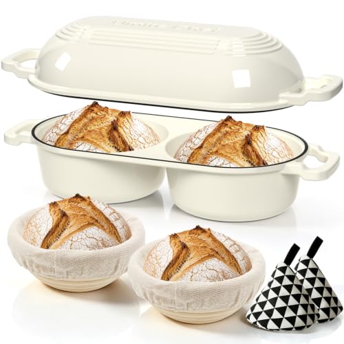 Umite Chef Cream White Double Round Dutch Oven & Bread Proofing Set