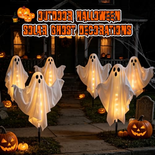 Halloween Ghost Solar Lights Outdoor 6 Pack - Warm White, Weatherproof & Adjustable Arms