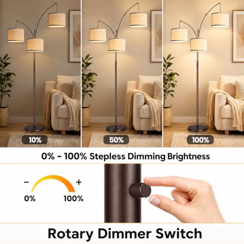 Nintiue Dimmable Arc Floor Lamp with Beige Linen Shades - Brown, 3 Lights, Tall Modern Standing Lamp for Living Room & Bedroom