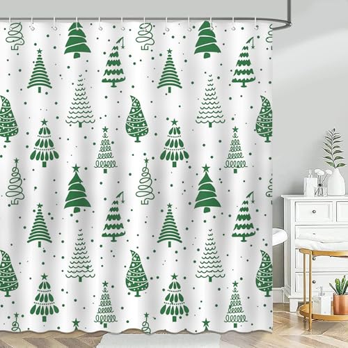 Mocsicka Green Christmas Tree Shower Curtain 72x72 in | Waterproof Polyester Bath Curtain with 12 Hooks