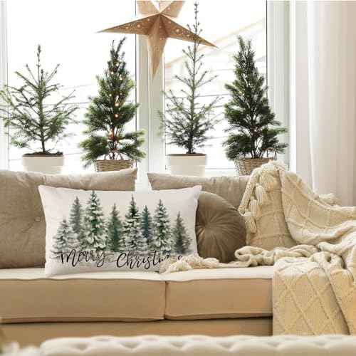 AKIT Merry Christmas Pillow Covers 12 x 20 Inch Trees Throw Pillow Cover Decorative Rectangle Pillow Cover Winter Holiday Cushion Case for Couch Bed Sofa