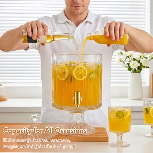 2.2 Gallon Clear Crystal Ribbed Glass Drink Dispenser with Stand & Gold Spigot