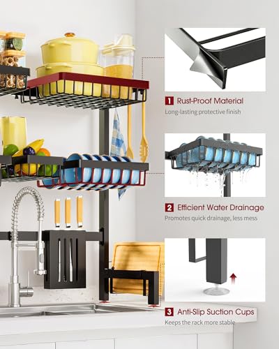 Black 3-Tier Over-The-Sink Dish Drying Rack - Adjustable Stainless Steel Kitchen Organizer
