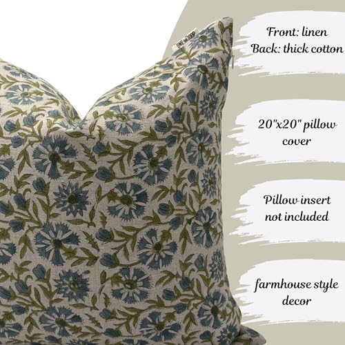 Spring Blue and Green Linen Throw Pillow Cover 20x20 Inch - Set of 1