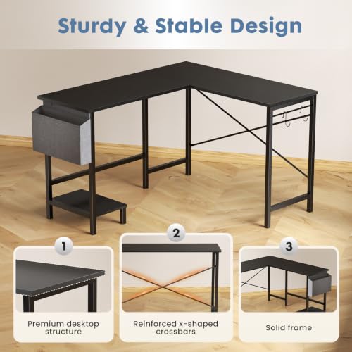 Black 50-Inch Reversible L-Shaped Corner Computer Desk with PC Stand