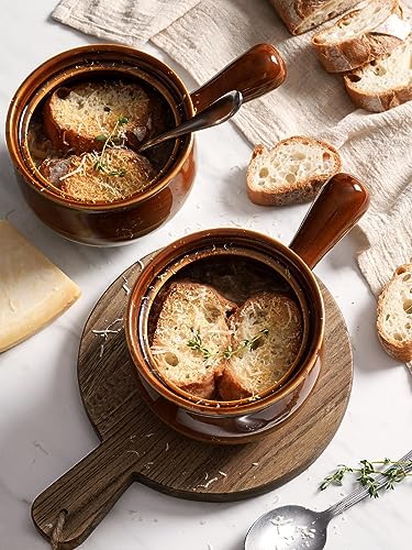 22 Ounce Ceramic Soup Bowls with Handles - Set of 4 French Onion & Soup Crocks, Oven Safe & Stackable