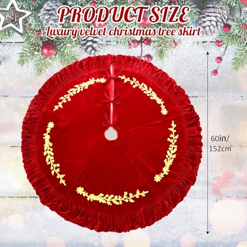 60 Inch Red Velvet Christmas Tree Skirt with Gold Embroidery Trim - Sotiff