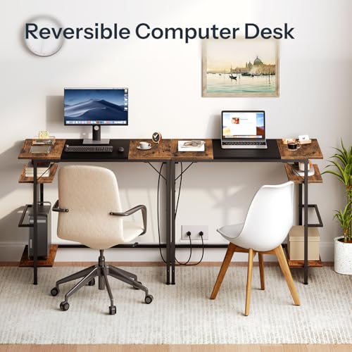 Small Computer Desk with Power Outlet & Shelves - Rustic Brown & Black, 35.4 Inch Modern Home Office Desk with Reversible Design